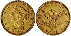 1844-O Liberty Head Half Eagle. Winter-2. AU-55 (PCGS). CAC.

Pleasing honey-orange surfaces are lustrous for the grade with most design elements shar...