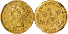 1850-D Liberty Head Half Eagle. Winter 23-O. AU-55 (NGC).

Warm honey-gold color throughout, both sides are sharply defined apart from a touch softnes...