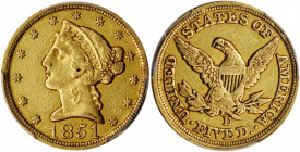 1851-D Liberty Head Half Eagle. Winter 26-R. Repunched Date. EF-45 (PCGS). CAC.

Attractive honey-olive patina throughout, this coin is lustrous for t...