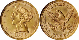 1854 Liberty Head Half Eagle. MS-63 (NGC).

Beautiful rose-gold color and lively satin luster are seen on surfaces that are exceptionally smooth for t...
