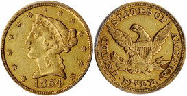 1854-C Liberty Head Half Eagle. Winter-2. Weak C. EF-45 (PCGS). CAC.

Attractive honey-orange surfaces reveal tinges of pale pink as the coin rotates ...
