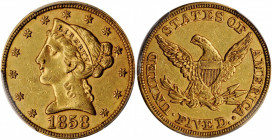 1858 Liberty Head Half Eagle. AU-55 (PCGS). CAC.

Lovely honey-olive and orange-apricot surfaces are near-fully lustrous with most design elements bol...