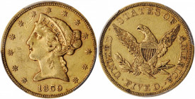 1859 Liberty Head Half Eagle. AU-50 (PCGS).

This richly original example is awash in handsome deep reddish-honey patina. The surfaces also exhibit am...