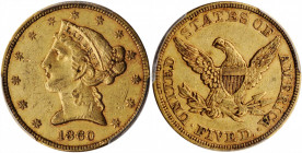 1860 Liberty Head Half Eagle. EF-45 (PCGS). CAC.

Delicate flint-gray highlights mingle with dominant straw-gold patina on both sides of this handsome...
