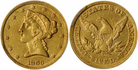 1860-C Liberty Head Half Eagle. Winter-1. AU-53 (PCGS).

This date is always found with indistinct details on the eagle, not from a lack of striking p...