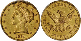 1861 Liberty Head Half Eagle. AU-58 (PCGS). CAC.

This sharply defined, handsome 1861 half eagle displays even green-gold patina with some deeper acce...