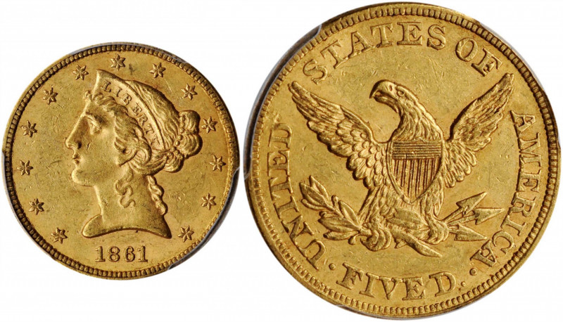 1861 Liberty Head Half Eagle. AU-58 (PCGS).

Lustrous honey-orange surfaces are ...