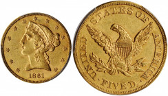 1861 Liberty Head Half Eagle. AU-58 (PCGS).

Lustrous honey-orange surfaces are lustrous and boldly to sharply struck. Half eagle production at the Ph...