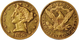 1876 Liberty Head Half Eagle. AU-55 (PCGS). CAC.

The 1876 is a highly elusive Philadelphia Mint Liberty half eagle, offered here in a particularly de...