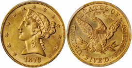 1879 Liberty Head Half Eagle. MS-64 (PCGS).

A satin to modestly semi-reflective beauty with a sharp strike and bold golden-apricot color. Half eagle ...