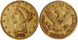 1880-CC Liberty Head Half Eagle. Winter 1-B. VF-25 (PCGS). CAC.

Blended honey-gold and pale pinkish-rose patina greets the viewer from both sides of ...