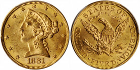1881/0 Liberty Head Half Eagle. FS-301. MS-63 (PCGS). CAC.

Frosty rose-gold surfaces with full mint luster throughout. A small percentage of the 5,70...