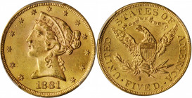 1881-S Liberty Head Half Eagle. MS-64+ (PCGS).

Satiny orange-apricot surfaces are sharply struck, fully lustrous and visually appealing. A surprising...