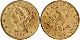 1888-S Liberty Head Half Eagle. MS-62 (PCGS). CAC.

This frosty golden-rose example is sharply struck with strong eye appeal at the assigned grade lev...