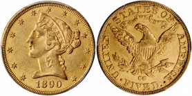 1890-CC Liberty Head Half Eagle. Winter 1-A, the only known dies. MS-62 (PCGS). CAC.

Richly frosted surfaces are further adorned with warm rose-gold ...