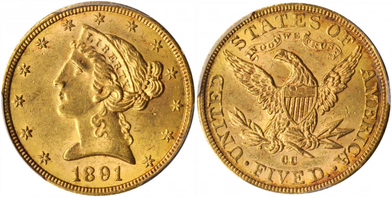 1891-CC Liberty Head Half Eagle. Winter 1-A. MS-62 (PCGS). CAC.

A frosty and sh...