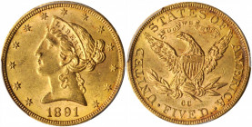 1891-CC Liberty Head Half Eagle. Winter 1-A. MS-62 (PCGS). CAC.

A frosty and sharply struck example further enhanced by original golden-apricot patin...