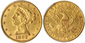 1892-CC Liberty Head Half Eagle. Winter 1-A, the only known dies. Die State II. MS-62 (PCGS).

This handsome piece exhibits warm golden-apricot patina...