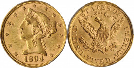1894 Liberty Head Half Eagle--Struck Through Obverse--MS-61 (PCGS).

Bluntness of detail to the top of Liberty's portrait is the result of foreign mat...