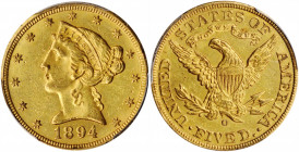 1894-O Liberty Head Half Eagle. MS-62 (PCGS). CAC.

A lovely piece with a choice original skin of slightly reflective luster and pleasing yellow-gold ...