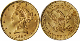 1897 Liberty Head Half Eagle. MS-66 (PCGS).

A sharply struck, wholly original Gem with delicate olive peripheral highlights to otherwise golden-apric...