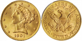 1901 Liberty Head Half Eagle. MS-66 (PCGS).

Delightful medium gold surfaces are smooth, lustrous and smartly impressed. A mintage of 615,900 pieces f...