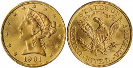 1901-S Liberty Head Half Eagle. MS-66 (PCGS).

Pristine-looking medium gold surfaces and razor sharp striking detail make this an ideal Liberty Head h...