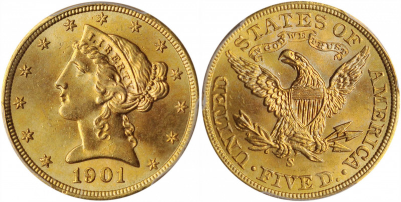 1901-S Liberty Head Half Eagle. MS-66 (PCGS).

This beautiful upper end Gem exhi...