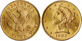 1902-S Liberty Head Half Eagle. MS-66 (PCGS).

Billowy mint frost blends with warm orange-gold patina on both sides of this expertly and attractively ...