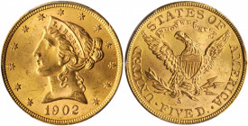 1902-S Liberty Head Half Eagle. MS-65 (PCGS).

A gorgeous deep apricot-gold example with smooth, frosty luster enveloping smartly impressed surfaces. ...