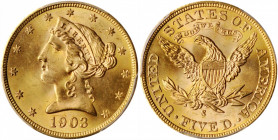 1903-S Liberty Head Half Eagle. MS-66 (PCGS).

Lovely golden-orange surfaces exhibit intermingled pale pink highlights. Striking detail is sharp, and ...