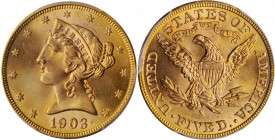 1903-S Liberty Head Half Eagle. MS-66 (PCGS).

Wisps of powder blue and pinkish-rose further enliven already vivid reddish-gold color on both sides of...