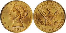 1903-S Liberty Head Half Eagle. MS-65 (PCGS).

Billowy mint frost mingles with vivid rose-gold color on both sides of this sharp and inviting example....