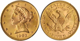 1903-S Liberty Head Half Eagle. MS-65 (PCGS).

Captivating orange-apricot surfaces are boldly to sharply struck with a full endowment of smooth, billo...