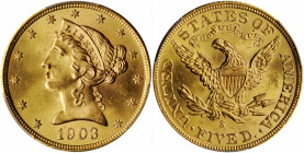 1903-S Liberty Head Half Eagle. MS-65 (PCGS).

Charming Gem-quality surfaces are highly lustrous with a swirling satin-to-softly frosted sheen. Fully ...