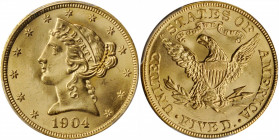 1904 Liberty Head Half Eagle. MS-66 (PCGS).

A bright wheat-gold example with razor sharp design elements and outstanding satin luster. Despite a not ...