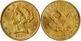 1907 Liberty Head Half Eagle. MS-66 (PCGS).

Wisps of pale powder blue iridescence further enliven rose-gold surfaces. This is a sharply struck, exper...