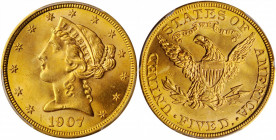 1907 Liberty Head Half Eagle. MS-66 (PCGS).

Vivid golden-orange surfaces are sharply struck with a full quota of smooth, satiny mint luster. The penu...