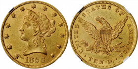 1856 Liberty Head Eagle. MS-60 (NGC).

An attractive yellow-gold example with tinges of khaki-green patina evident as the surfaces dip into a light. B...