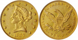 1857-O Liberty Head Eagle. Winter-1, the only known dies. EF-40 (PCGS). OGH.

Warmly toned in a blend of honey-rose and golden-apricot, both sides als...