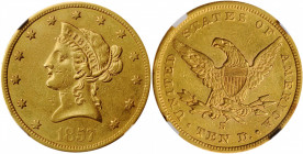 1857-S Liberty Head Eagle. AU Details--Rim Filing (NGC).

The rim filing noted by NGC takes some effort to locate and is confined to a tiny area of th...