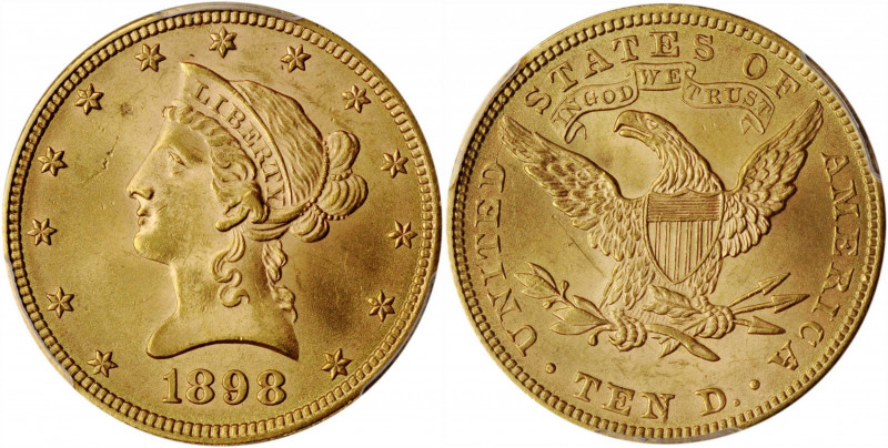 1898 Liberty Head Eagle. MS-64 (PCGS).

Handsome medium gold surfaces with a raz...