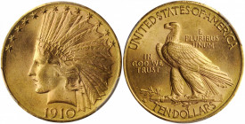 1910-D Indian Eagle. MS-65 (PCGS).

An outstanding Indian eagle, both sides are wonderfully original. Thin halos of pale olive-gold ring the peripheri...