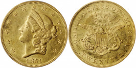 1851 Liberty Head Double Eagle. S.S. Central America Label. With One Pinch of California Gold Dust. AU-58 (PCGS).

A boldly defined and lustrous examp...
