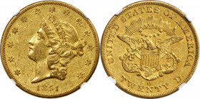 1851-O Liberty Head Double Eagle. AU-55 (NGC). CAC.

A handsome piece with ample boldness of detail and appreciable luster remaining to both sides. Af...