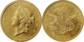 1855-S Liberty Head Double Eagle. Small S. AU-55 (NGC).

Warm golden surfaces blend with soft khaki-gold patina in the protected areas on both sides o...
