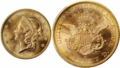 1857-S Liberty Head Double Eagle. Variety-20A. Spiked Shield. S.S. Central America Label. With One Pinch of California Gold Dust. MS-64 (PCGS).

A sat...