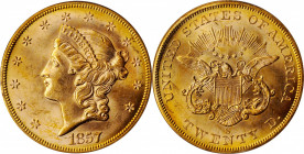 1857-S Liberty Head Double Eagle. Variety-20D. Bold 7, Faint S. Gold S.S. Central America Label. MS-62 (PCGS). CAC.

Gorgeous rose-gold surfaces are v...