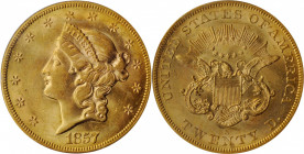 1857-S Liberty Head Double Eagle. Variety-20D. Bold 7, Faint S. Gold S.S. Central America Label. AU-55 (PCGS).

Near-fully lustrous with vivid rose-go...