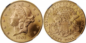 1903 Liberty Head Double Eagle. MS-65 (NGC).

Vivid pinkish-gold surfaces are sharply struck with a full endowment of soft satin luster. The 1903 is o...